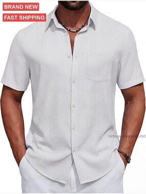 Men's Short Sleeve Linen Button Down Shirt Casual Summer Beach Wedding